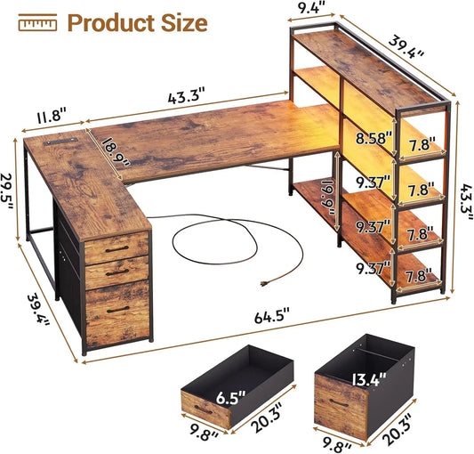 Reversible U-Shaped Office Desk with Storage, Drawers, Power Outlet & LED Lights for Gaming and Home Office
