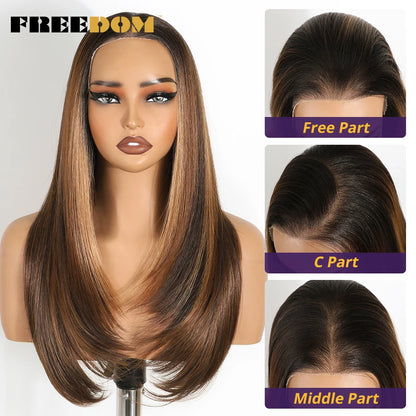 FREEDOM 9x6 Pre Plucked Synthetic Lace Front Wigs For Women Straight Layerd Wig 24" Ombre Blonde Wear And Go Glueless Lace Wigs