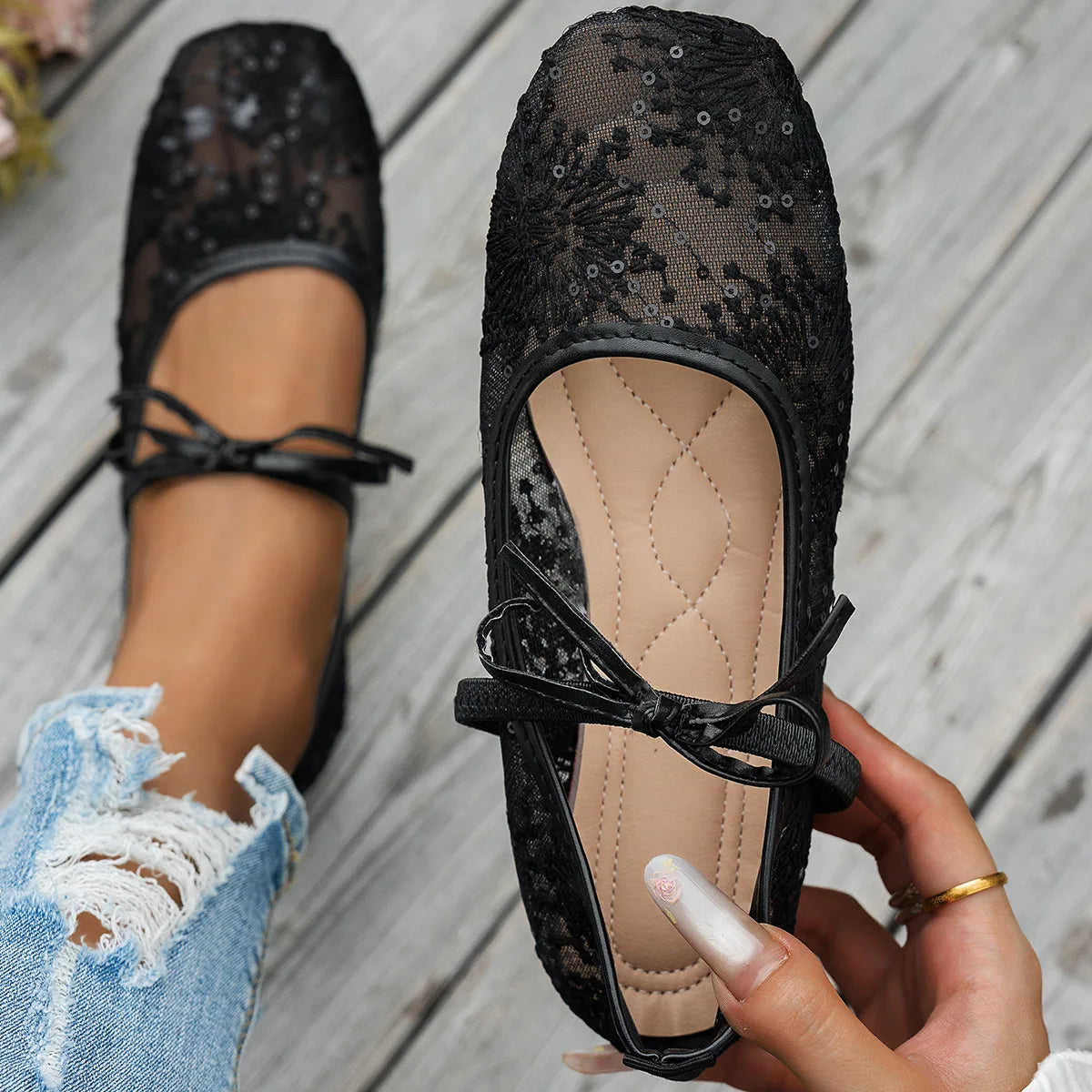 Plus Size 43 Women Fashion Ballet Flats Breathable Laces Square Toe Spring Summer Flat Shoes For Female Daily Walking Loafers