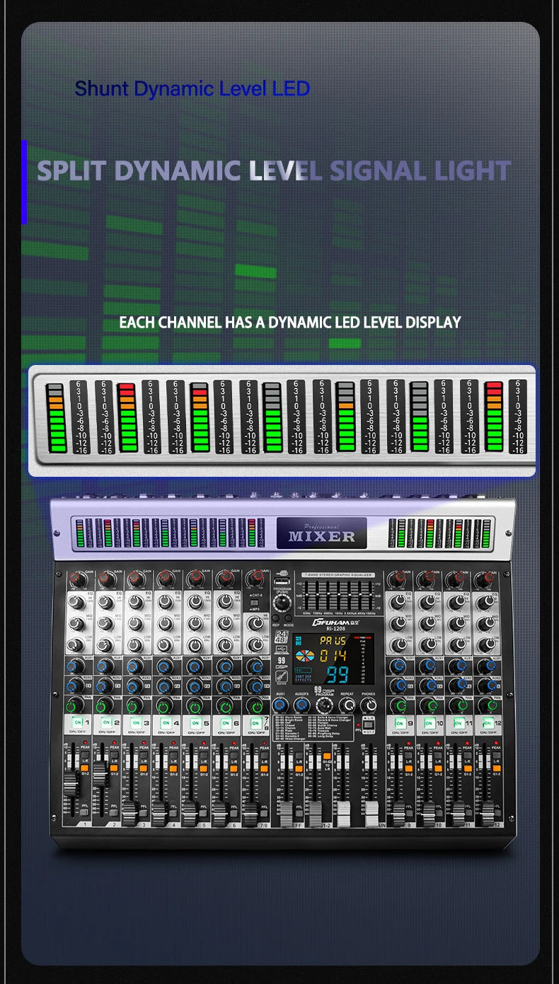 FUHAM RI808/1208 Professional 8/12 Channel 99DSP Mixer 48V Phantom Power USB Recording Studio Karaoke Bluetooth DJ Console Mixer