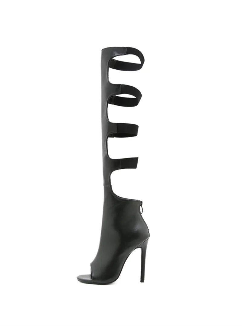 Liyke Sexy Peep Toe Zip Hollow Out Thigh High Boots Women Ballroom Latin Modern Tango Jazz Dancing Shoes Stiletto Heels Black