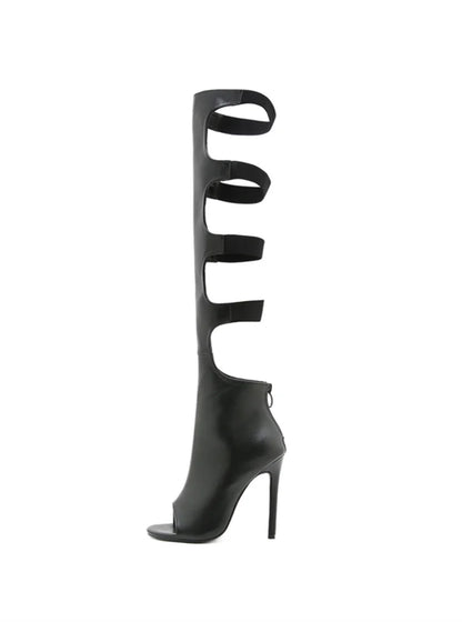 Liyke Sexy Peep Toe Zip Hollow Out Thigh High Boots Women Ballroom Latin Modern Tango Jazz Dancing Shoes Stiletto Heels Black