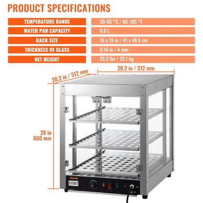SucceBuy 2/3 Tiers Countertop Food Warmer Commercial 3D Heating Pizza Pastry Warmer with Temp Knob Display Kitchen Appliance