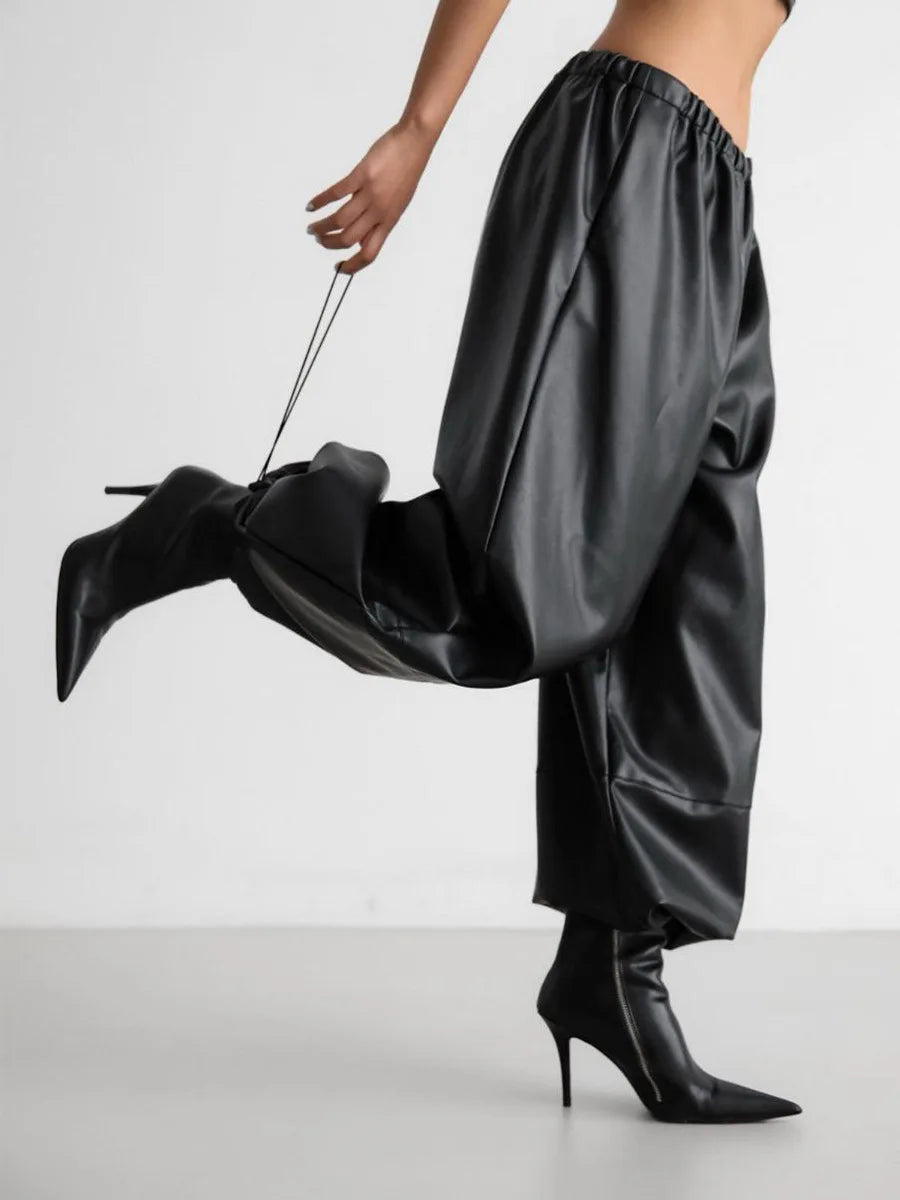 Autumn Women Pu Leather Elastic Waistband Lantern Pants Lady Casual Loose Shiny PU Trousers Trend Fashion Street Long Pants 2025