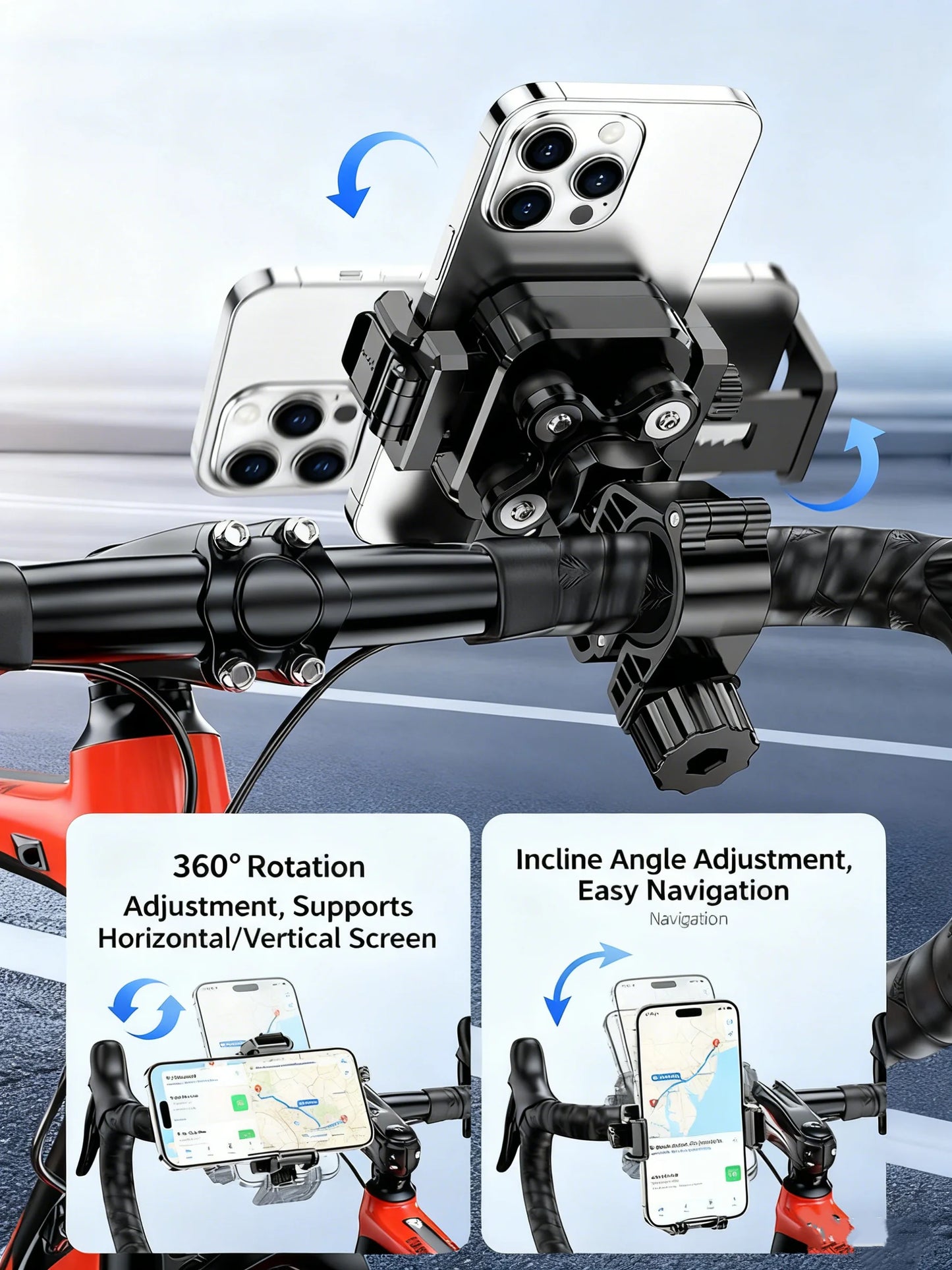 Motorcycle Riding Shock-Absorbing Phone Holder Adjustable Anti-Theft Quick Release Navigation Bracket with Mountain/Road Bicycle