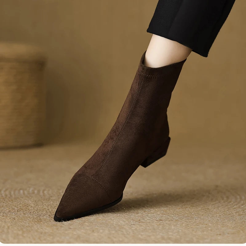 Autumn Vintage Suede Women Ankle Boots Ladies Concise Pointed Toe Thick Heel Short Botas Zapatos De Mujer