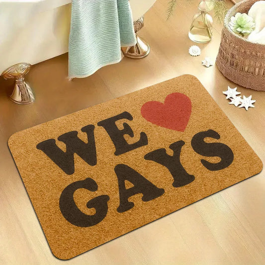 We Love Gays Pride Text Doormat, Colorful Heart Non-Slip Entryway Rug, Durable Washable Floor Mat for Home and Patio Decor
