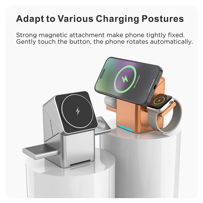 2025 Touch Auto-Rotating Qi2 3 in 1 Magnetic Wireless Charger Stand For iPhone Samsung Xiaomi OPPO 30W Fast Charging