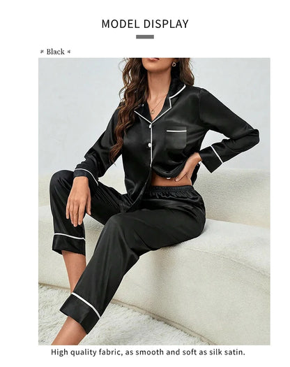 Plus Size Autumn and Winter Silk Pajamas Women Tops and Pants Solid Casual Soft Nightwear Buttons Cardigan Sleepwear Homewear