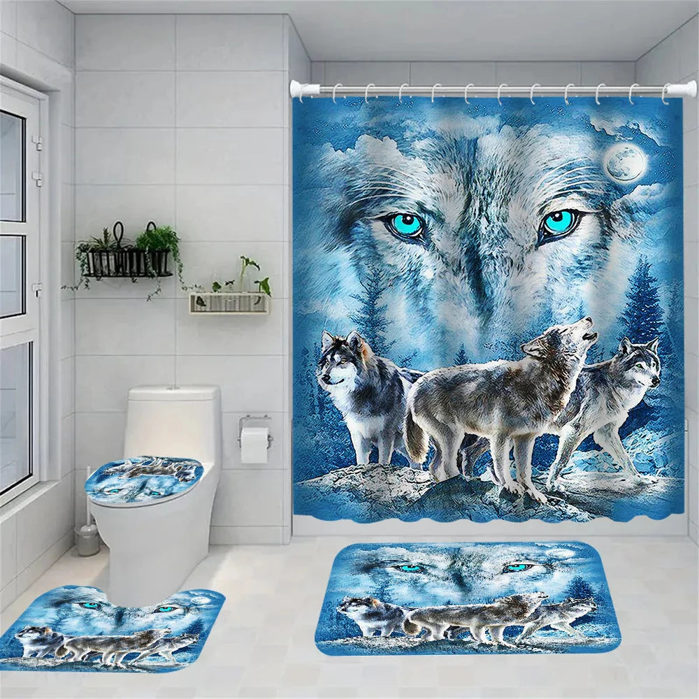 1/4 Wolf eyed wolf shower Curtains, Toilet Seat Decoration, Shower Curtain with Carpet and Toilet Lid, 12 70.8x70.8 inch Hooks