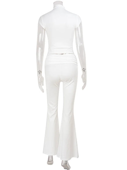 CNYISHE Lace Buckle Women Sets Fashion Cool Half High Collar Short Sleeve Sheath Chic Tees Solid Female Suits Trendy Sexy Pants