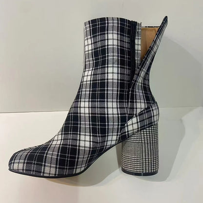 2025 Luxury Brand Designer Split Toe Ankle Boots New Fashion Chunky Round High Heels Women Boots Winter Plaid Boots