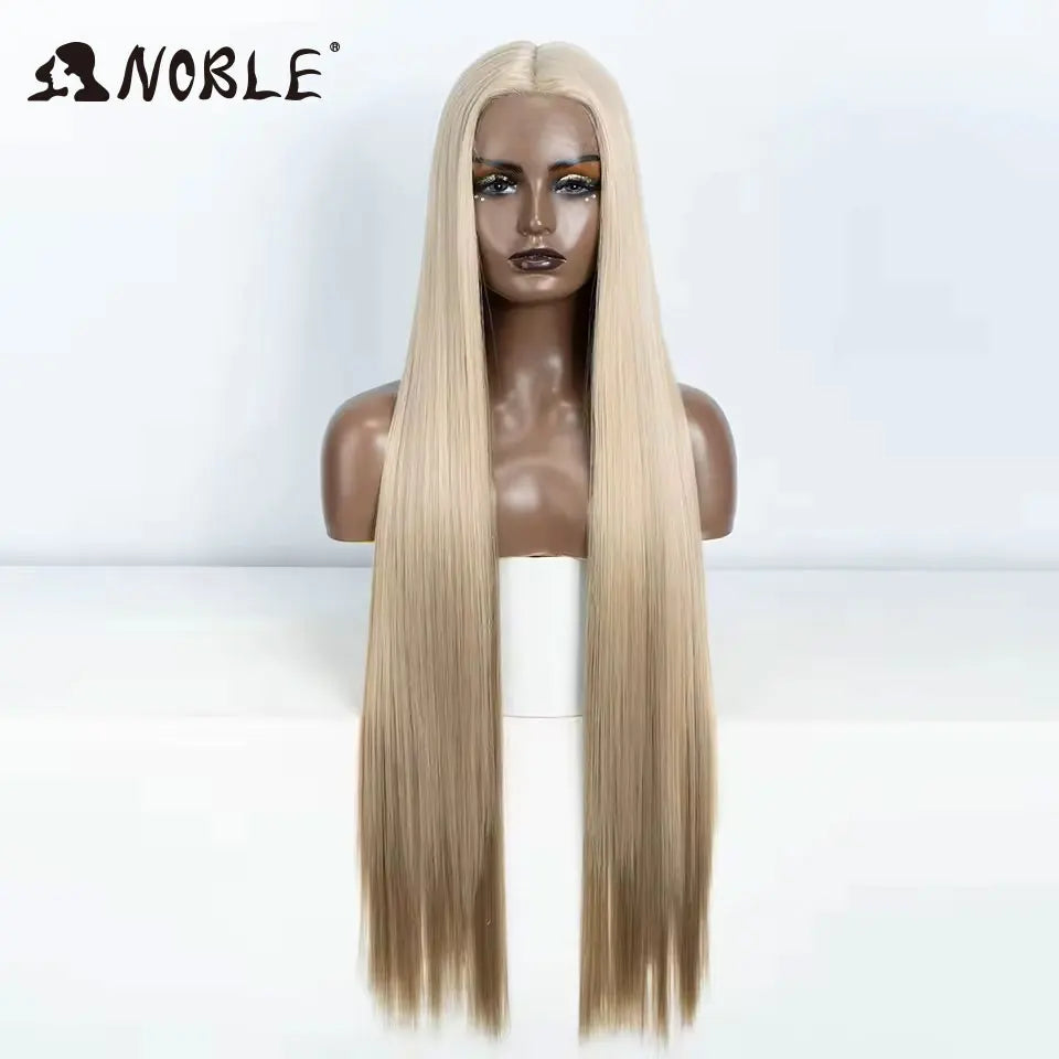 Noble 38 Inch Extra Long Straight Synthetic Lace Front Wig Skunk Stripe Grey White Ombre Glueless Heat Resistant Wig For Women