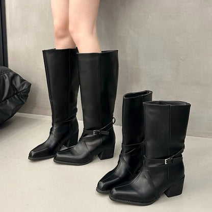 New Women Square Toe Cross Strap Buckle Knee High Boots Leather Chunky Heel Vintage Tall Boots Ladies Daily Commute Botas Mujer