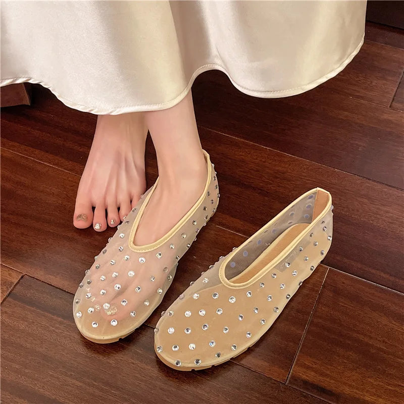 Women Flats Luxury Crystal Rivet Design Sandals Summer Mesh Breathable Ballet Shoes Plus Size Ladies Elegant Party Dress Loafers