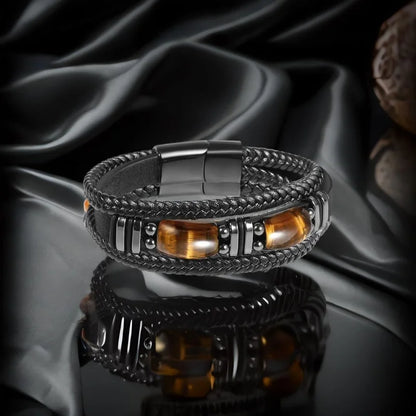 Tiger Eye Black Leather Bracelet Men Natural Gemstone Crystal Stone Jewelry Handmade Courage Stress Relief Protection Bracelet