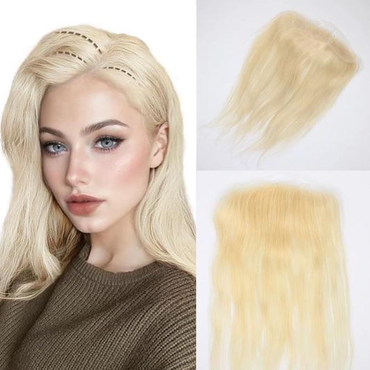 613 Blonde Human Hair Topper – PU Thin Skin Tape-In Toupee for Men & Women – V-Shape Hairline 13inch Straight Natural Hairpiece