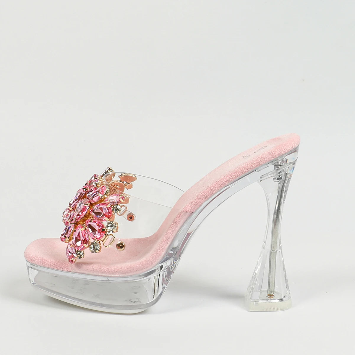 Women Rhinestone Slippers Summer Outside High Heels 2024 New Square Toe Thick Platform Sandals Transparent Shoes Size 43 Mules