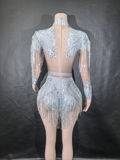 Rhinestones Women DanceCostume Fringes One Shoulder Bodysuit  Sexy Skinny Leotard Singer Dancer Show StageWear Sparkly Blue