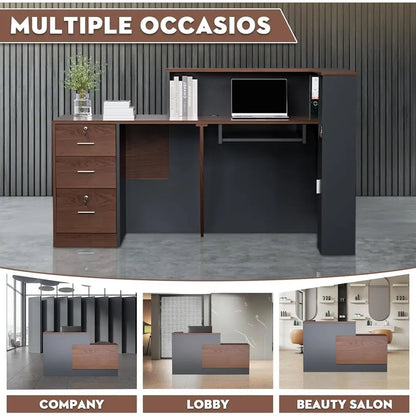 Large L-Shaped Wooden Office Desk with Storage, Counter & Shelves, Suitable for Home or Business, Brown and Black, Right-71L x 3