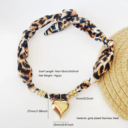 Women’s Fashion Scarf Necklace with Large Stainless Steel Heart Pendant Stackable Bandana Jewelry