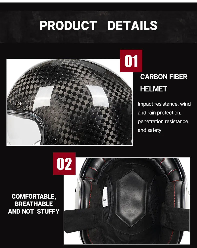 DOT Approved 12K Carbon Fiber Open Face Helmet with Visor Motorcycle Helmet Cascos Para Motos 3K 12K Jet Helmets Four Seasons