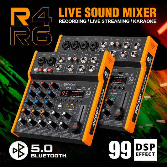 R4/R6 Portable Multi-Functional Audio Mixer, 6.5mm Output, 99DSP Effect, USB Input, Suitable For Bands, Conferences And Meetings