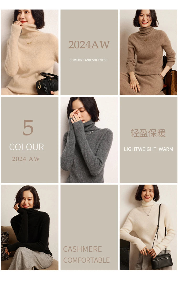 100% cashmere sweater women's knitted pullover sweater high neck solid color slim fit soft cashmere basic women's sweater