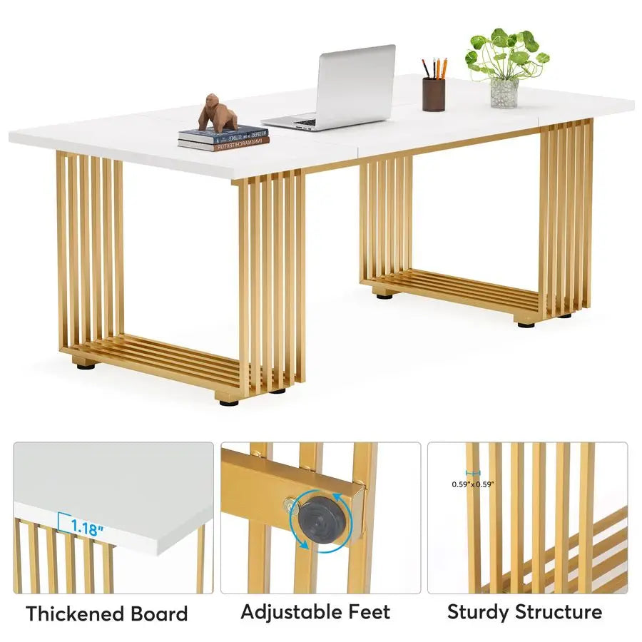 70.9 Modern Office Desk, Wooden Computer Desk, White Executive Desk with Gold Metal Legs, Large Workstation for Home Office, St