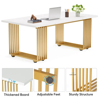 70.9 Modern Office Desk, Wooden Computer Desk, White Executive Desk with Gold Metal Legs, Large Workstation for Home Office, St