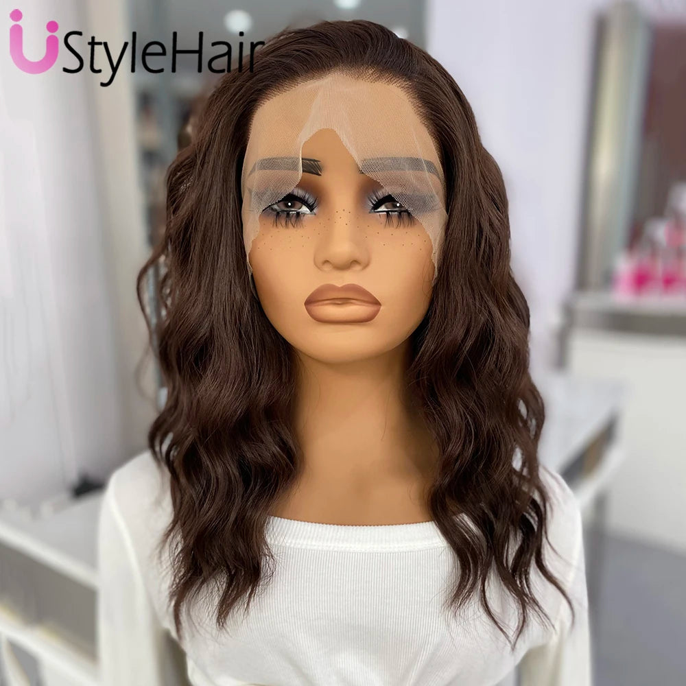 UStyleHair Brown Lace Front Wig Natural Looking 12Inches Short Wave Wig Heat Resistant Synthetic Hair Daily Use Cosplay Wig