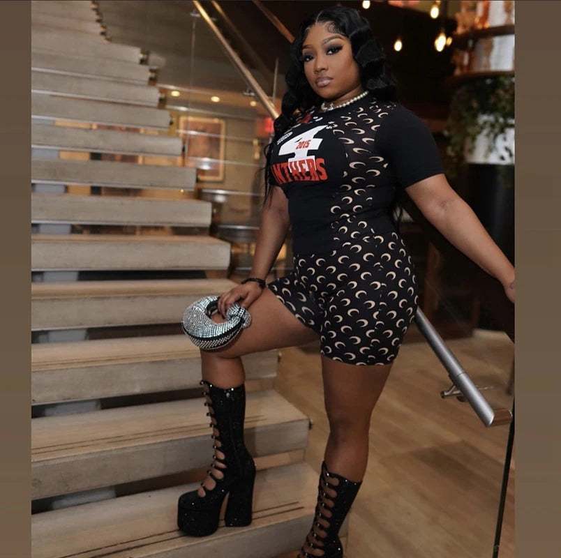 Women 2 Piece Set Short Sleeve T Shirt Shorts Suits Letter Moon Printed Sporty Slim Fit Elastic Autumn Casual Tracksuits