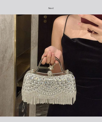 Diamond Evening Clutch Bag Golden Tassel Handbag Boutique Novelty Metallic Rhinestone Purses And Handbags Bridal Wedding Party