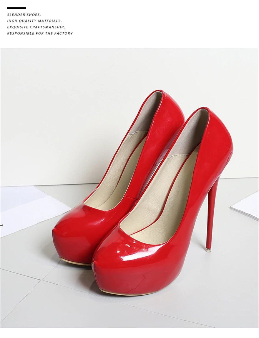 Big Size 35-47 Patent Leather Red Wedding Shoes 2025 Women Round Toe Super High Heels 16cm Pumps Sexy Platform Party Shoes Woman