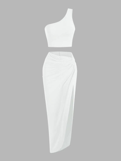 Spring and Autumn New Popular Women's Y2K Knit Off-Shoulder High Stretch Vest Top and Sexy Slit Half Skirt Set