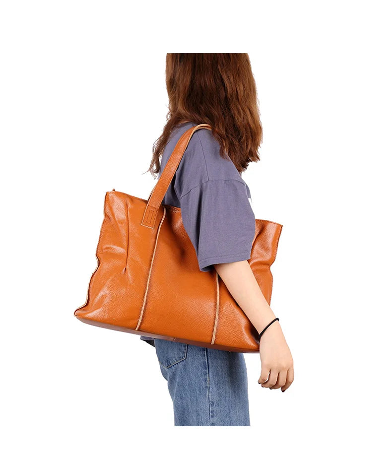 Women's Luxury Designer Natural Cowhide Soft Handbag Famale Fashion Shoulder Bag Ladies Cow Leather Large Capacity Tote Bag