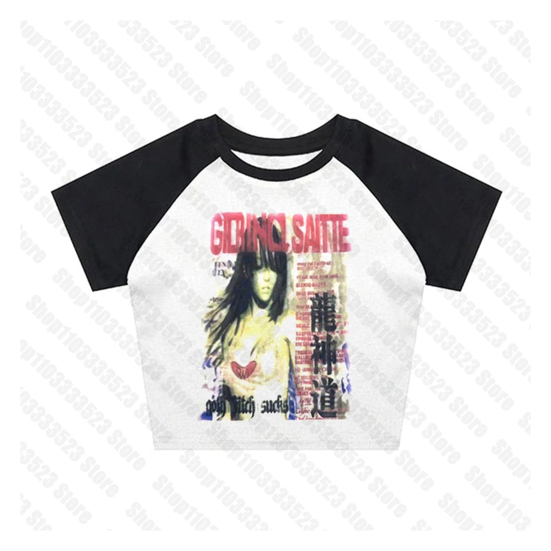 Y2k Style Fashion T-shirts Summer Gothic Slim 2000s Vintage Graphic T-shirts Punk Women Short Sleeve Sexy Streetwear T-shirts