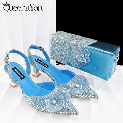QueenaYan 2026 Elegant Silver Pointed-Toe High Heels Shoes with Diamond Accents & Matching Bag - Ideal for Party Elegance