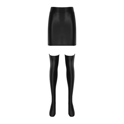 Womens Glossy Nightclub Outfit Shiny High Waist Mini Skirt with Stockings Set Rave Party Cheer Booty Workout Pole Dance Clubwear