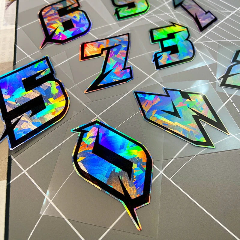 1PC Arabic Numbers Motorcycle Stickers Reflective Holographic Carbon Effect for Helmet Scooter Fuel Tank Front Fairing Decals