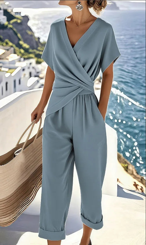 Women's 2 Piece Set Fashion V Neck Short Sleeved Shirt Irregular Pleated Chic Top Casual Trousers Female Outfit Office Suit 2026