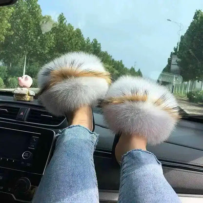 Fur Slippers Women Summer Fluffy Plush Casual Fluffy Flat Non-Slip Real Fox Fur Slides Outdoor Flat Ladies Sandals Flip Flops