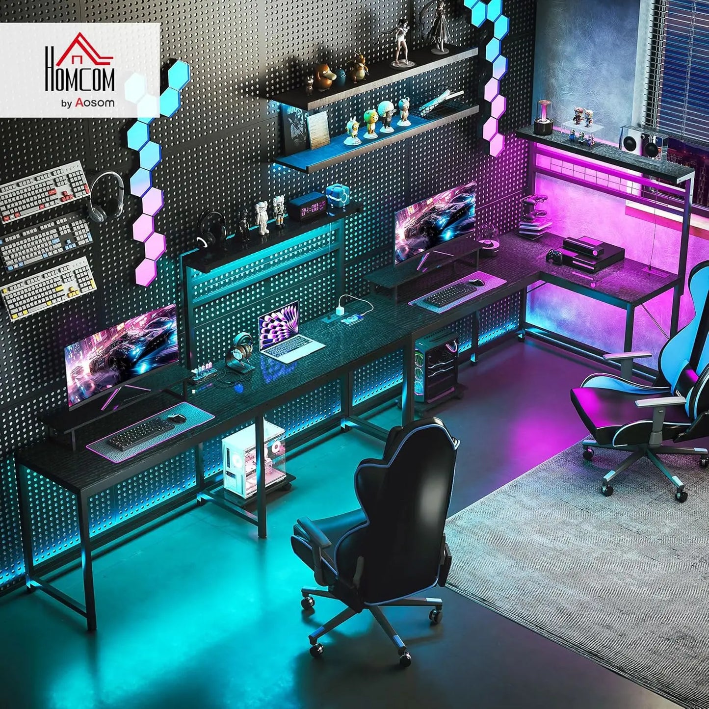 Gaming Desk, 62" L Shaped Desk with Power Outlets & LED Lights, 86" 2 Person Computer Table with Shelf & Rolling CPU Stand