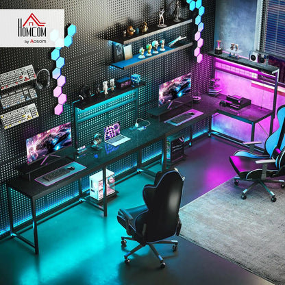 Gaming Desk, 62" L Shaped Desk with Power Outlets & LED Lights, 86" 2 Person Computer Table with Shelf & Rolling CPU Stand