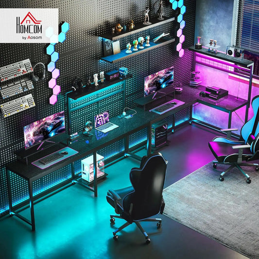 Gaming Desk, 62" L Shaped Desk with Power Outlets & LED Lights, 86" 2 Person Computer Table with Shelf & Rolling CPU Stand