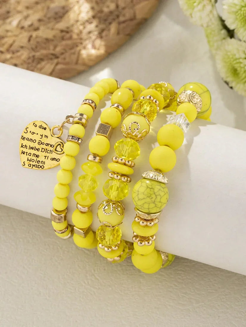 4Pcs Bohemia Acrylic Beaded Bracelet Set For Women Solid Heart Charm Elastic Chain Bangle Men Retro Daily Wear Jewelry Gift