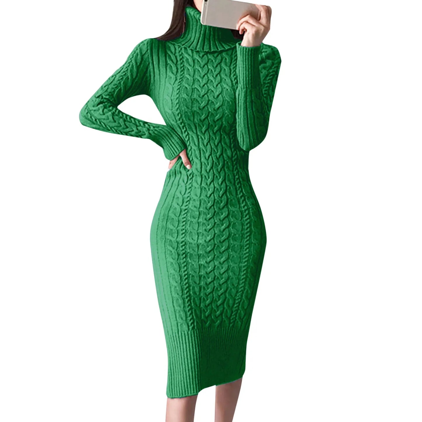 Autumn Winter Women Sweater Dresses Long Sleeve Turtleneck Dress Ladies Solid Color Knitted Bodycon Midi Dress Jumper Dresses
