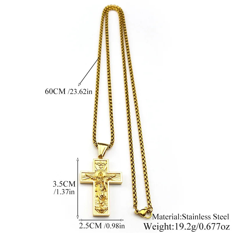 Stainless Steel Cross Jesus Pendant Necklace for Women Men Gold Color Chain Religious Crucifix Necklaces Amulet Jewelry Gift
