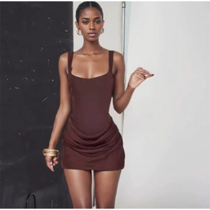 Women Square-neck Halter Mini Dress Sexy Pleated Sleeveless Backless High Waist Bodycon Dresses 2025 New Summer Lady Party Robes