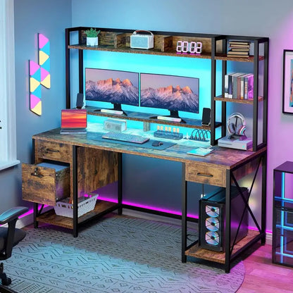 Computer Desk with Drawers amp Hutch, 59.1 Office Desk with Power Outlets amp LED Lights, Home Office Desk with Storage Shelves
